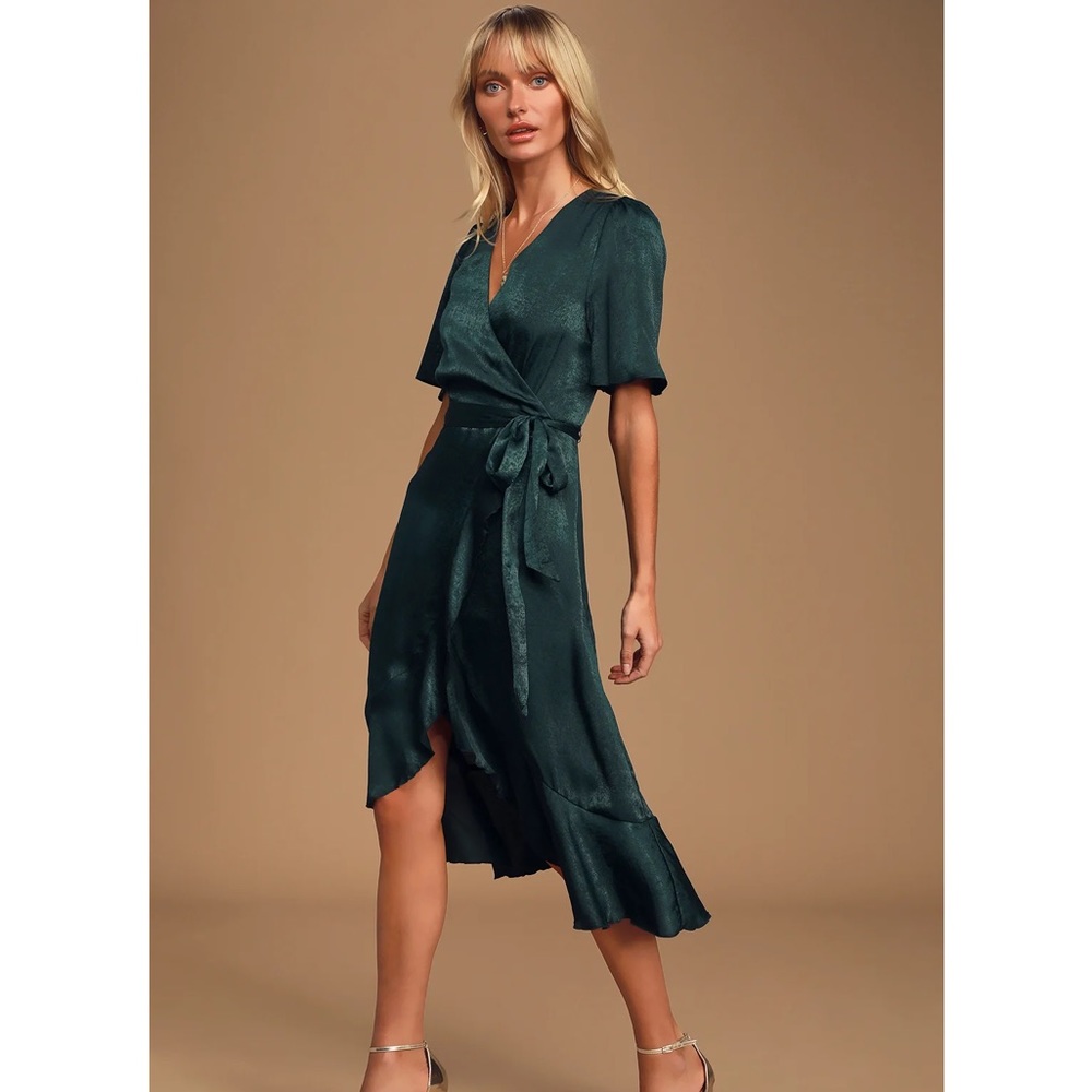 NWT Lulus Wrapped Up In Love Dark Green Satin Faux-Wrap Midi Dress size XL